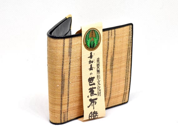 Bashofu banana fiber purse angled view with attached paper label