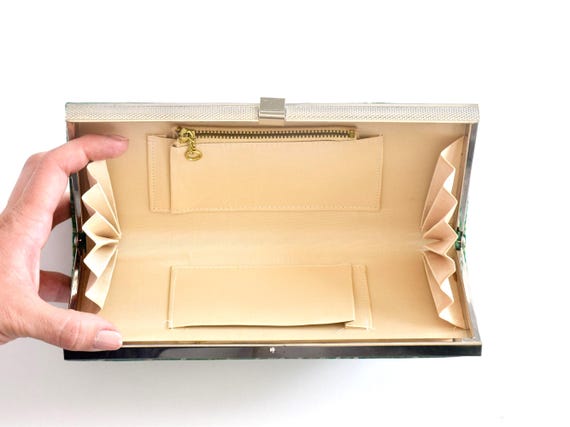 Japanese Silk Clutch | Geometric Pattern open interior showing beige accordion compartments and zipper pocket