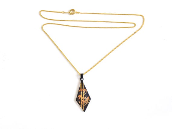 Damascene Pendant Necklace: Black & Gold Bamboo