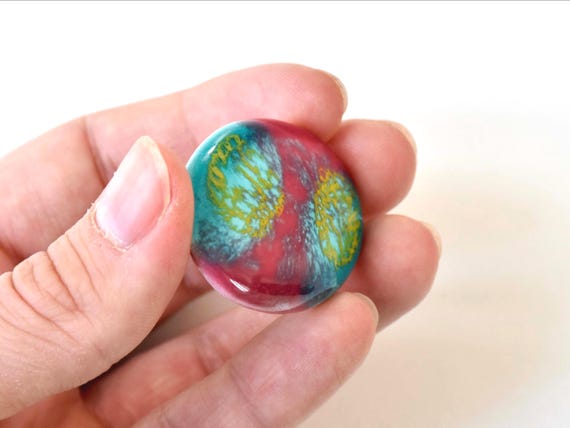 Kutani Ceramic Brooch Turquoise & Pink