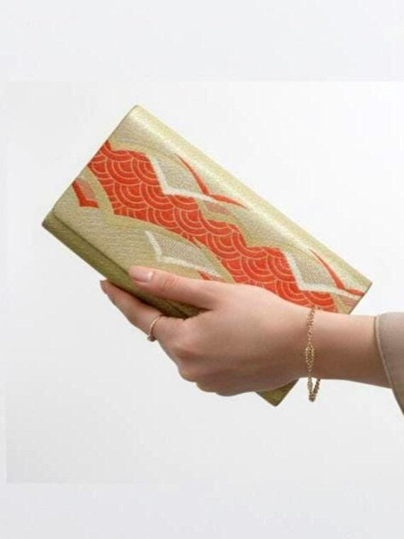 Gold Red Wave Silk Kimono Clutch