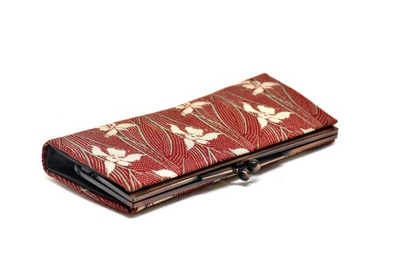 Hakata-ori Silk Wallet: Iris Motif coin purse angled view showing the back side