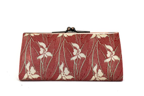 Hakata-ori Silk Wallet: Iris Motif coin purse back view on a white background