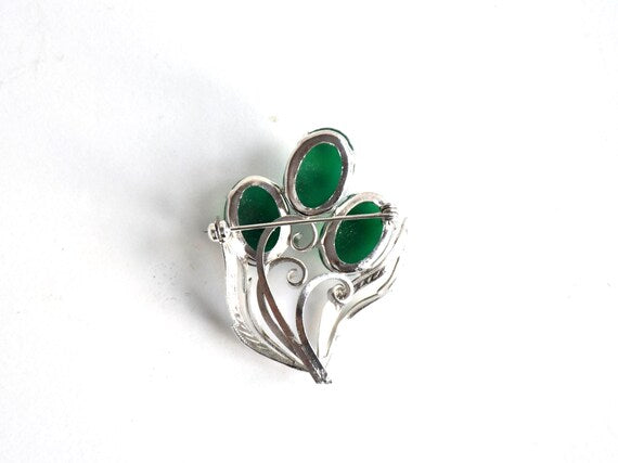 Floral Green Glass Cabochon Brooch back view on white background