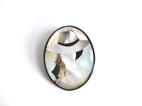 Raden Shell Inlay Brooch: Woman With Hat
