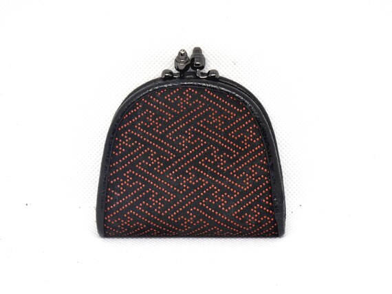 Japanese Deerskin Inden Coin Purse front view showing the detailed stenciled lacquer pattern