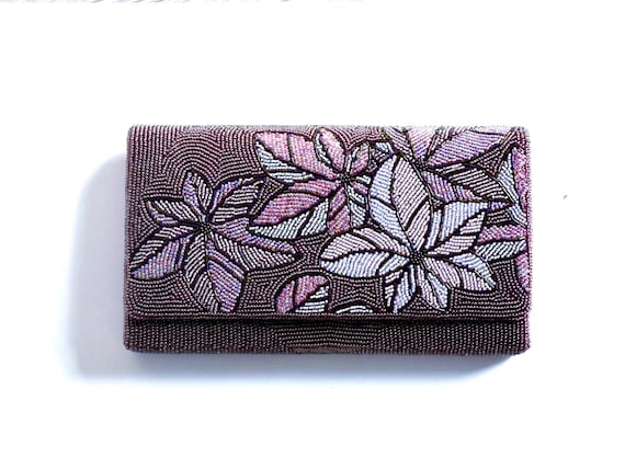 Japanese Beaded Clutch Floral Design front view of purple beaded purse