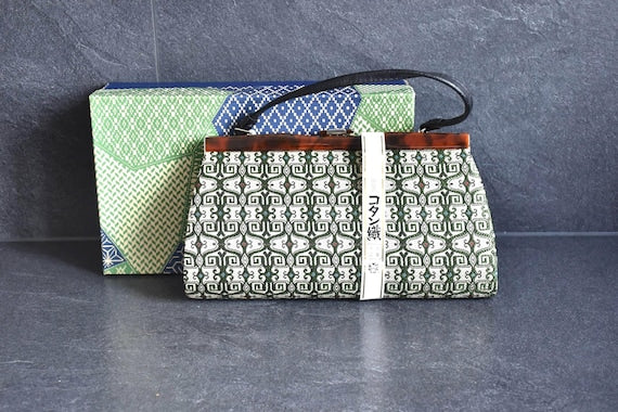 Kotan-Ori Kimono Bag in green and ivory geometric textile with matching original patterned gift box