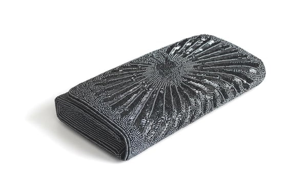 Japanese Beaded Peacock Clutch bag with intricate glass beadwork bird motif