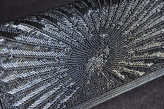 Japanese Beaded Peacock Clutch close up of the detailed handmade beadwork