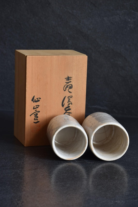 Shino Ware Yunomi Cups Set showing interior view of both ceramic cups