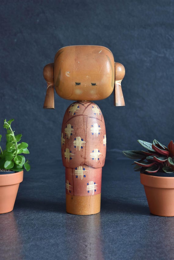 Hajime Miyashita Sosaku Kokeshi vintage Japanese wooden doll with pigtails