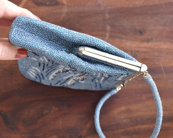 Japanese Blue Glass Bead Clutch viewed from above showing the folded side profile