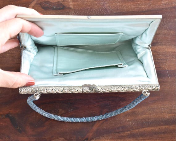 Japanese Blue Glass Bead Clutch showing an alternative angle of the clean interior lining