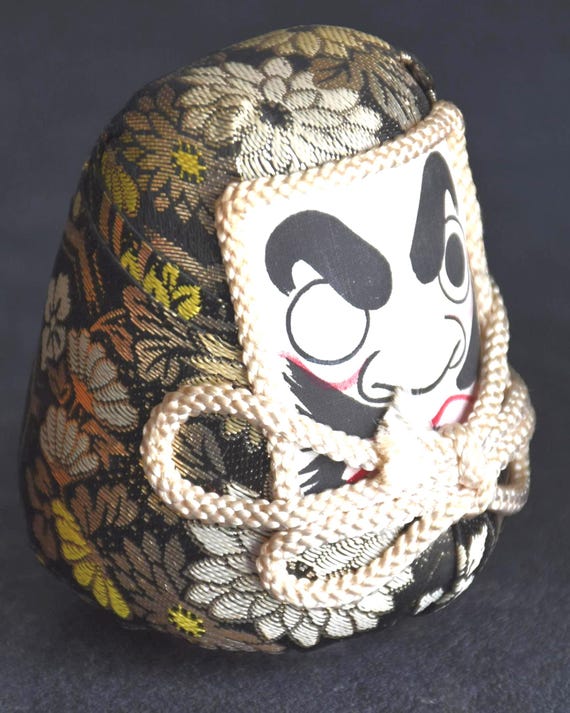 Daruma Doll Black Gold Floral Brocade
