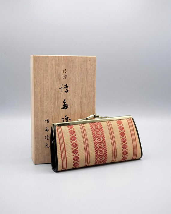 Hakata-Ori Silk Wallet Geometric Pattern coin purse from Fukuoka with wood storage box