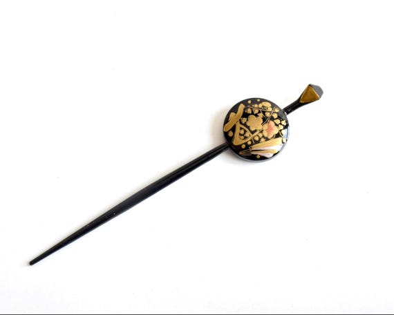 Kogai Hairpin Wood Lacquer Floral Japanese handmade vintage hair stick with gold floral motifs
