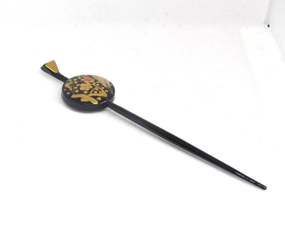 Kogai Hairpin Wood Lacquer Floral shown from the opposite angle on a white background