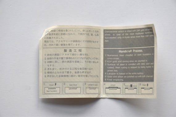 Amita Damascene Floral Brooch manufacturer documentation card explaining the handicraft process