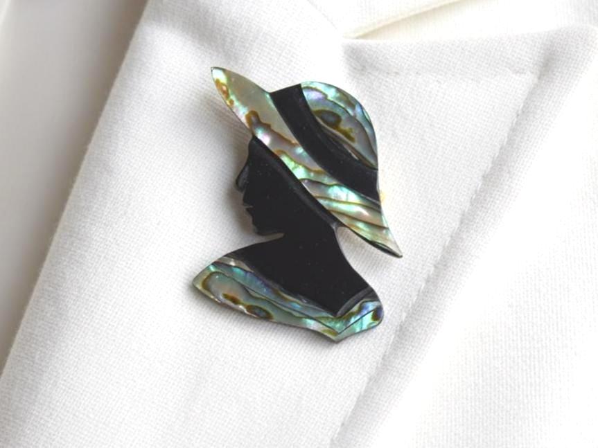 Raden Abalone Shell Brooch Woman Profile Hat featuring traditional Japanese raden inlay craft on white fabric