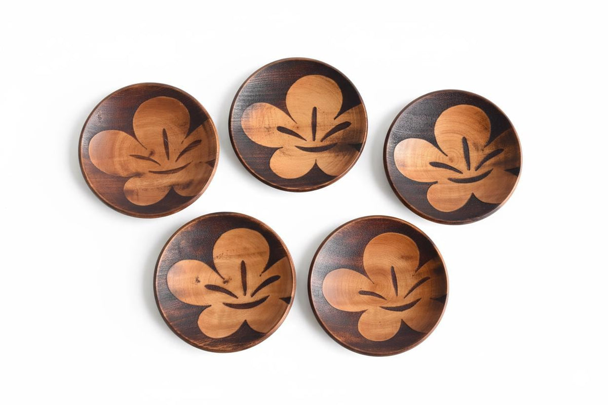 Kaga-Bori Floral Wooden Tea Saucers Set Of 5 featuring handcrafted lacquer plates with carved flower motifs