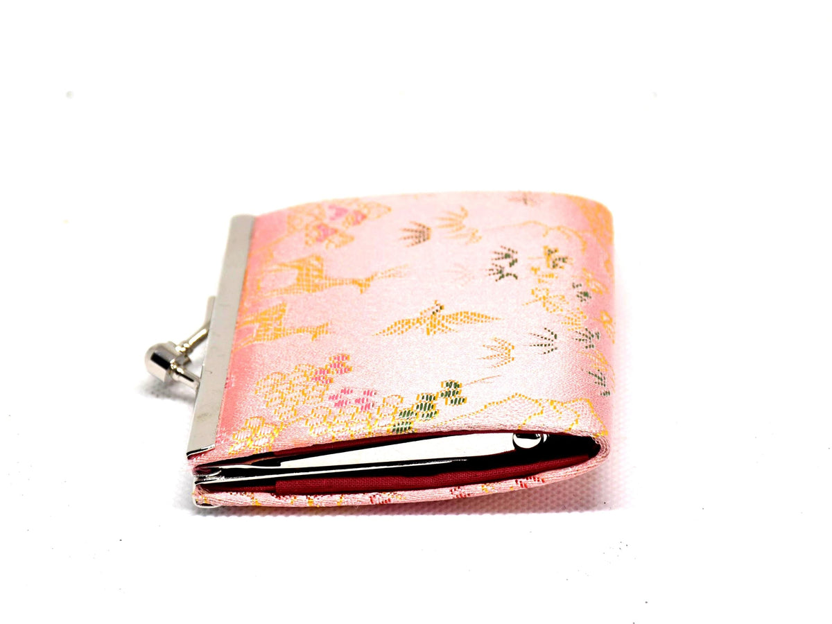 Nishijin-Ori Silk Coin Purse Deer Motif angled view of the fabric and metal frame