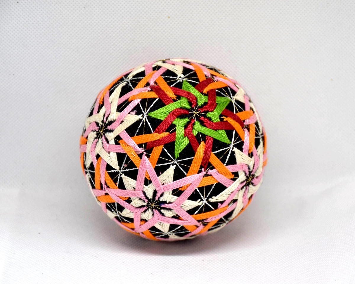 Temari ball hand embroidery showing the colorful symmetrical geometric design close up