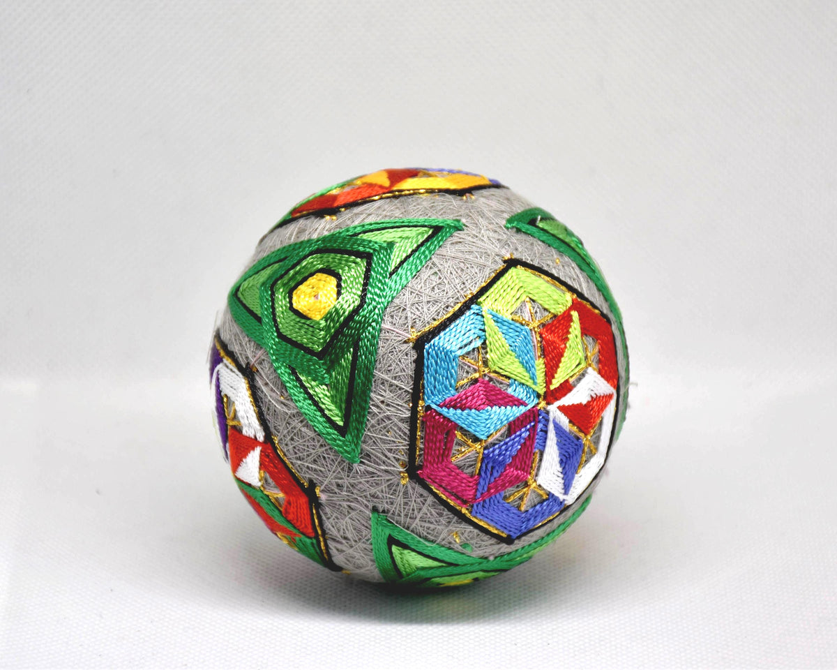 Hand-Embroidered Japanese Temari Ball Folk Art pattern detail showing alternative geometric side