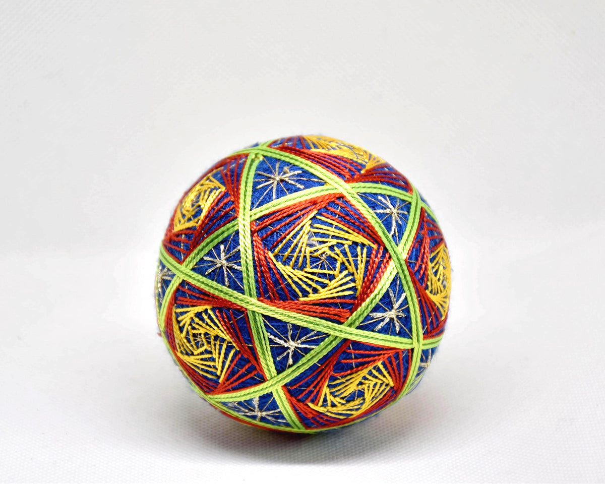 Hand-Embroidered Japanese Temari Ball showing vibrant blue and red embroidery