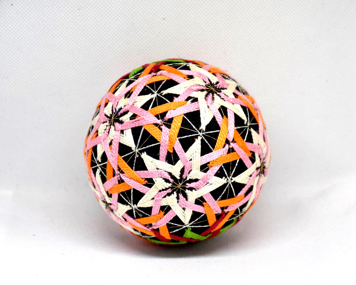 Temari ball hand embroidery showing complex geometric stitching patterns in pink and orange