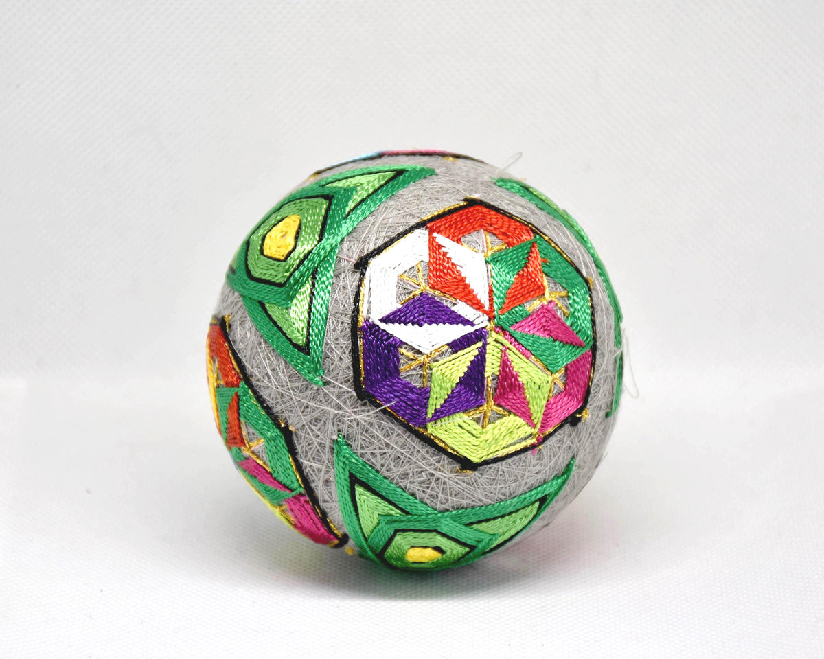 Hand-Embroidered Japanese Temari Ball Folk Art pattern detail showing blue and red motifs