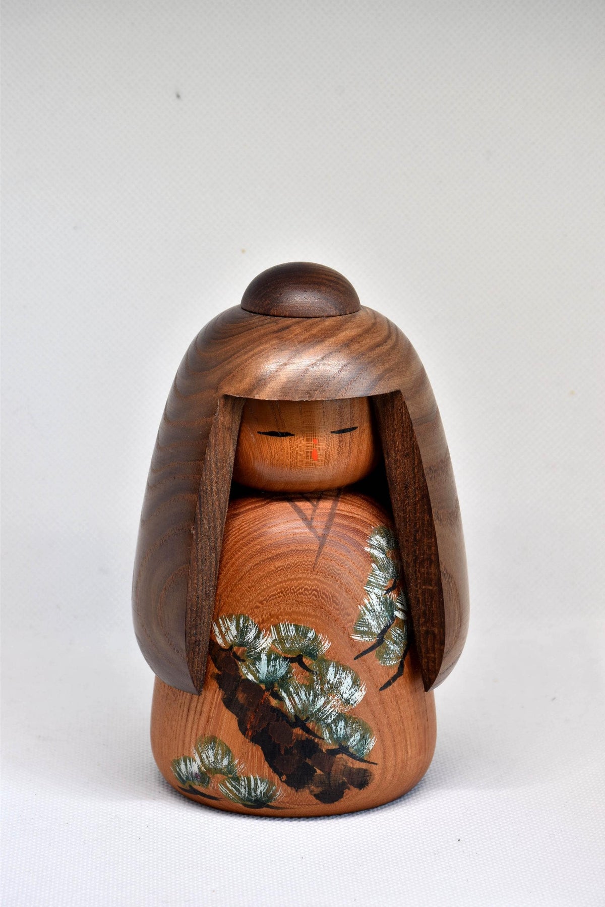 Daisuke Takeda Sosaku Kokeshi featuring the hand-painted pine motif from the Sho-Chiku-Bai set