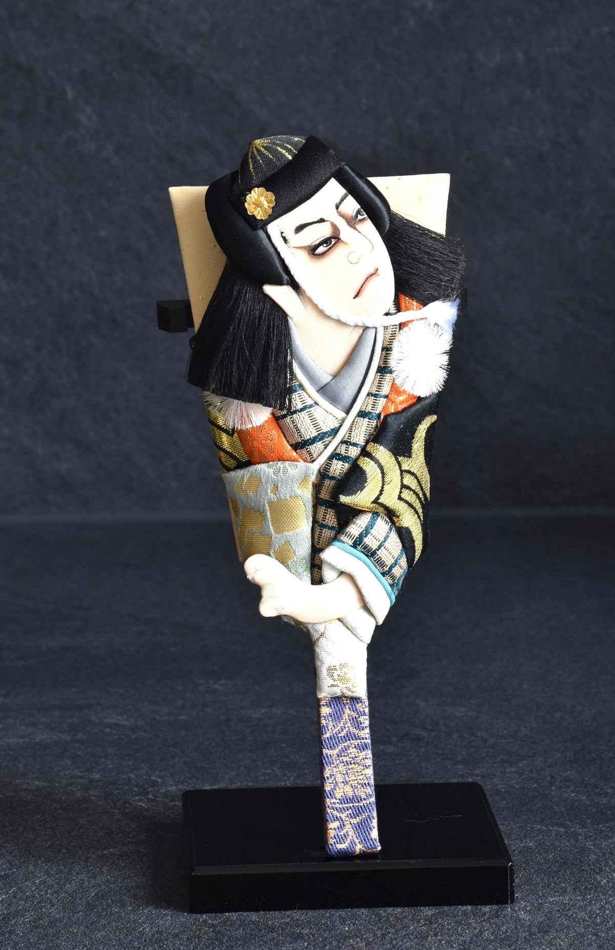 Japanese Hagoita Battledore With Kimono Doll showing the full front view of the decorative wooden paddle and doll