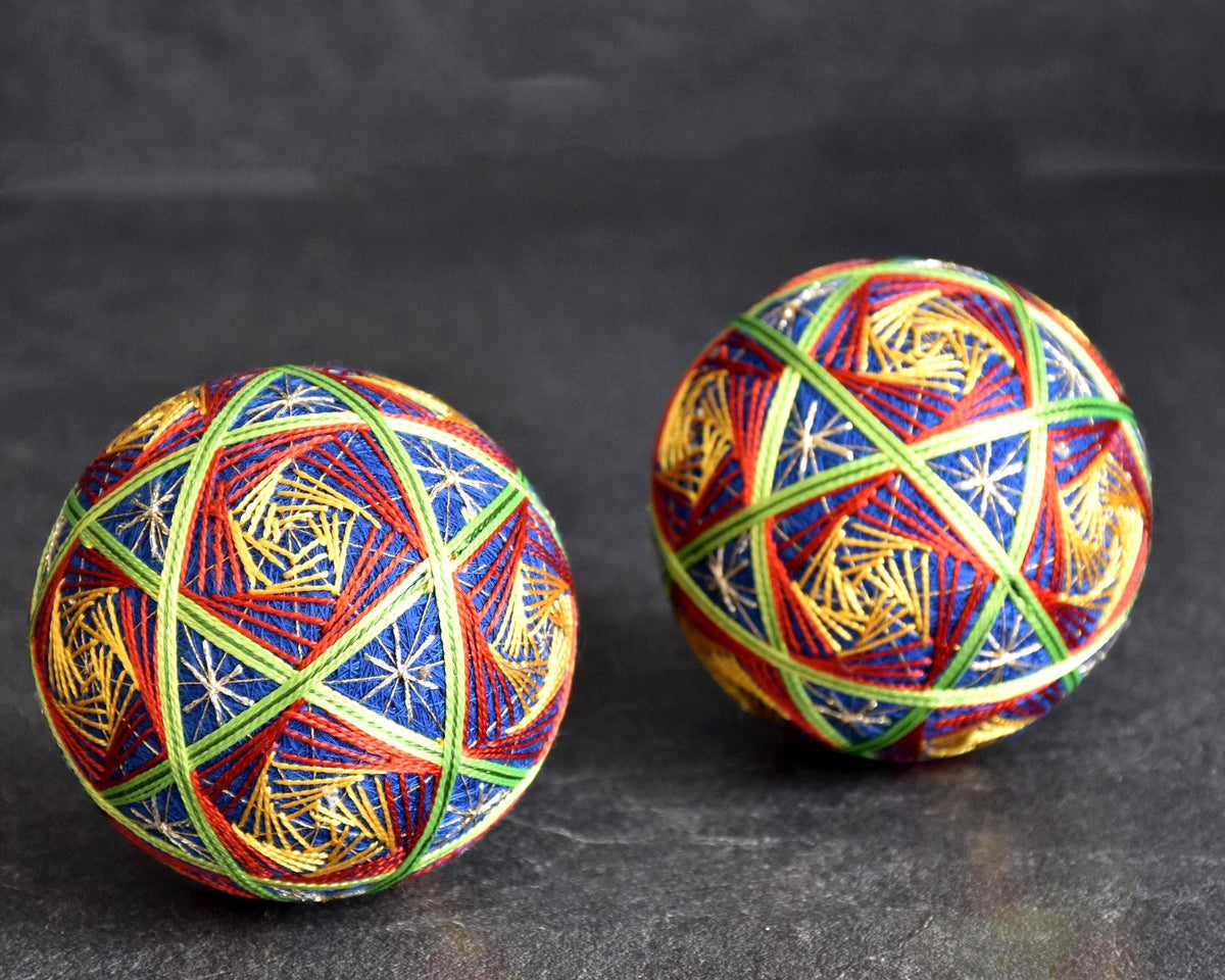 Hand-Embroidered Japanese Temari Ball Pair displaying intricate geometric thread patterns