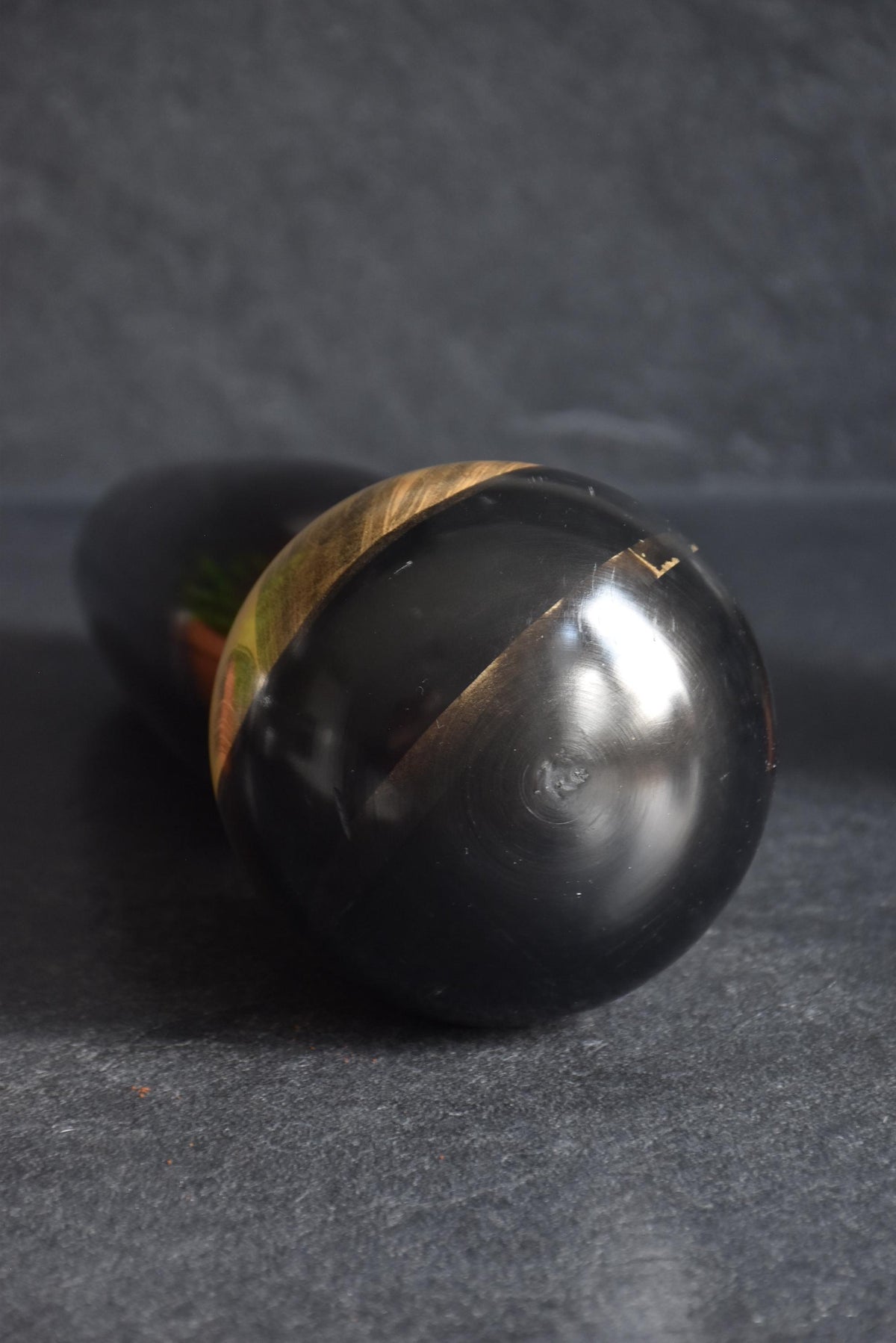 Masao Watanabe creative kokeshi doll top view showing the rounded wooden head crown