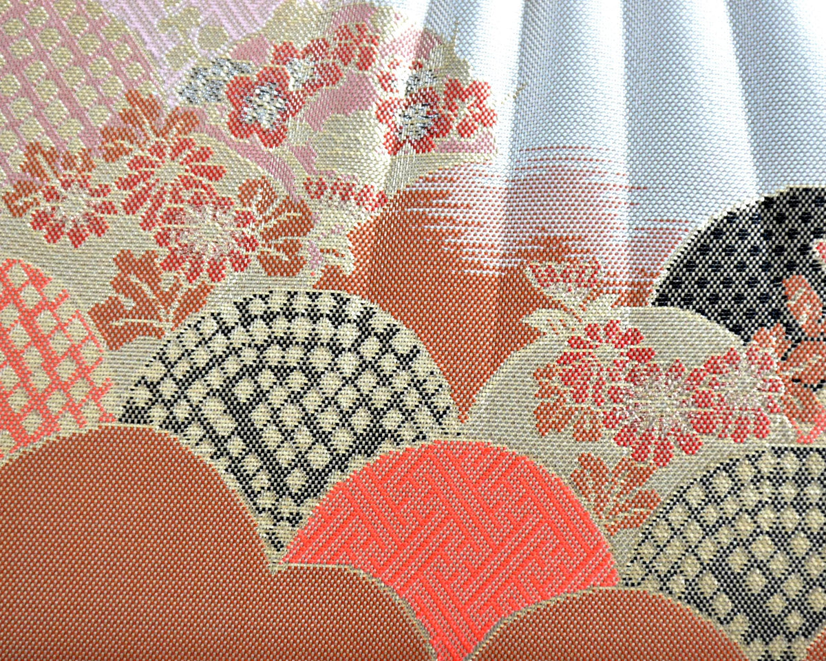 Japanese Brocade Clutch Bag pattern detail showing shimmering metallic thread motifs and fan shapes