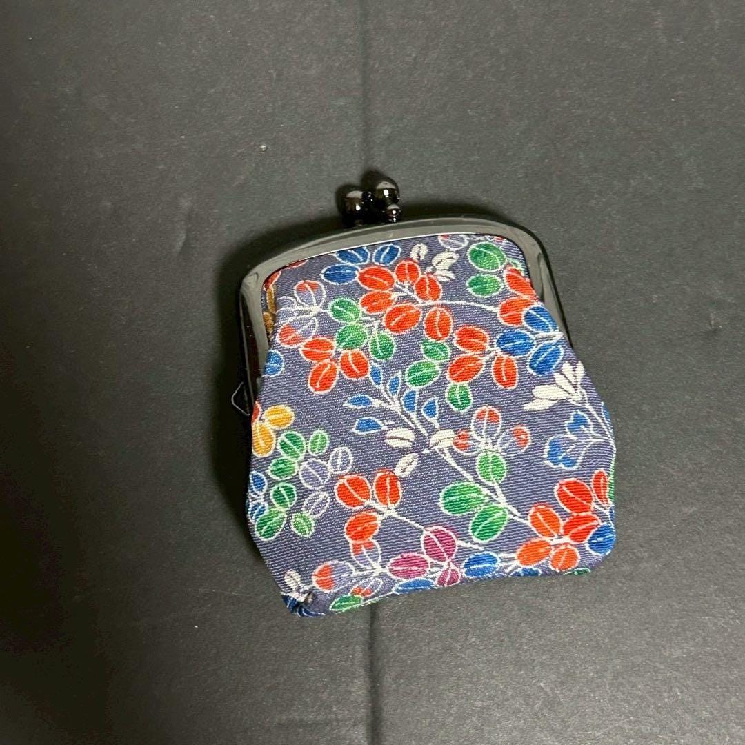 Kaga Yuzen Silk Gamaguchi Coin Purse flat lay view of the patterned silk exterior and metal frame