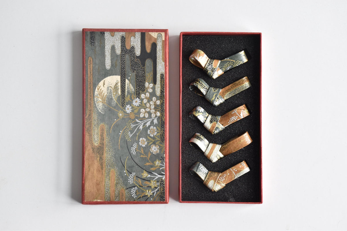 Japanese Washi Paper Chopstick Rests Red Kimono set of five hashioki in a decorative storage box
