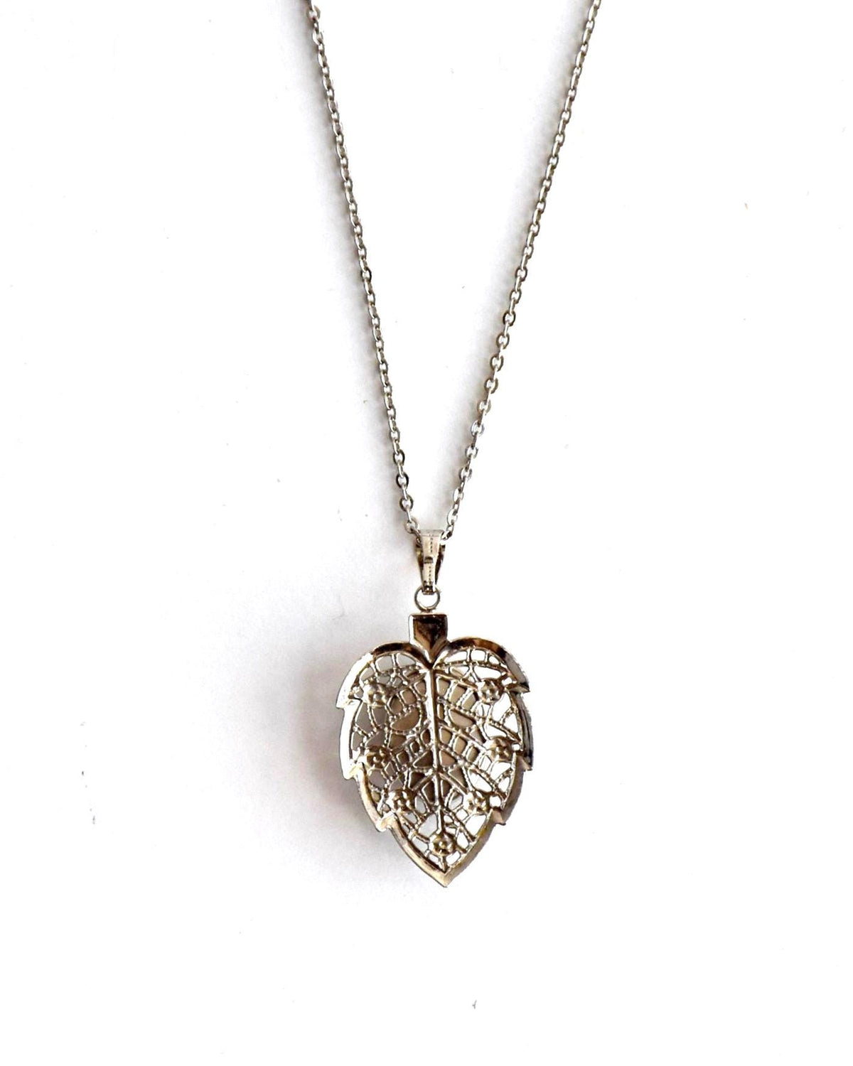 Okagaki Kōtoku vintage necklace full view with chain and filigree leaf pendant