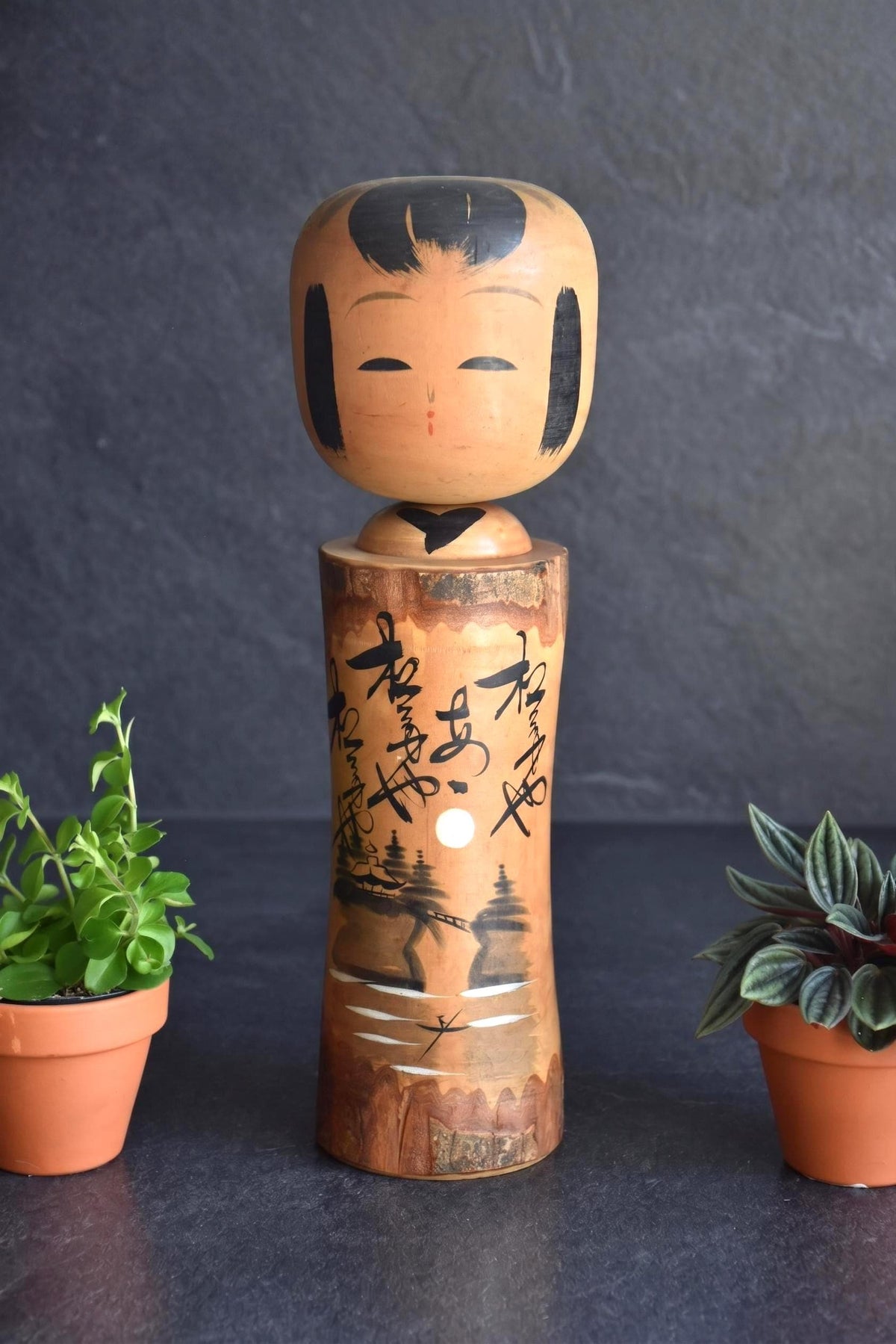 Large Wooden Kokeshi Doll Landscape Calligraphy featuring hand-painted scenery and tree bark details