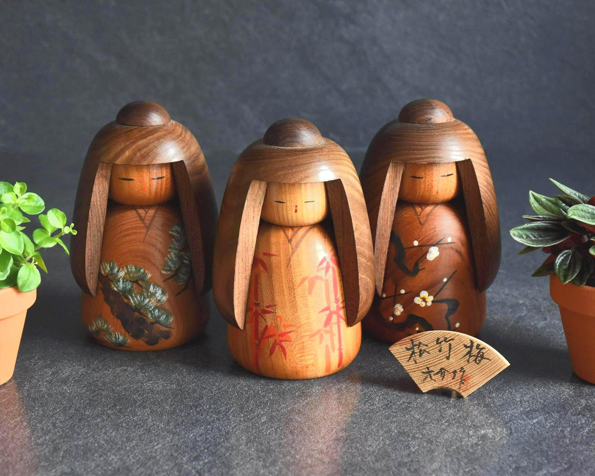 Daisuke Takeda Sosaku Kokeshi Set Sho-Chiku-Bai vintage Japanese wooden dolls