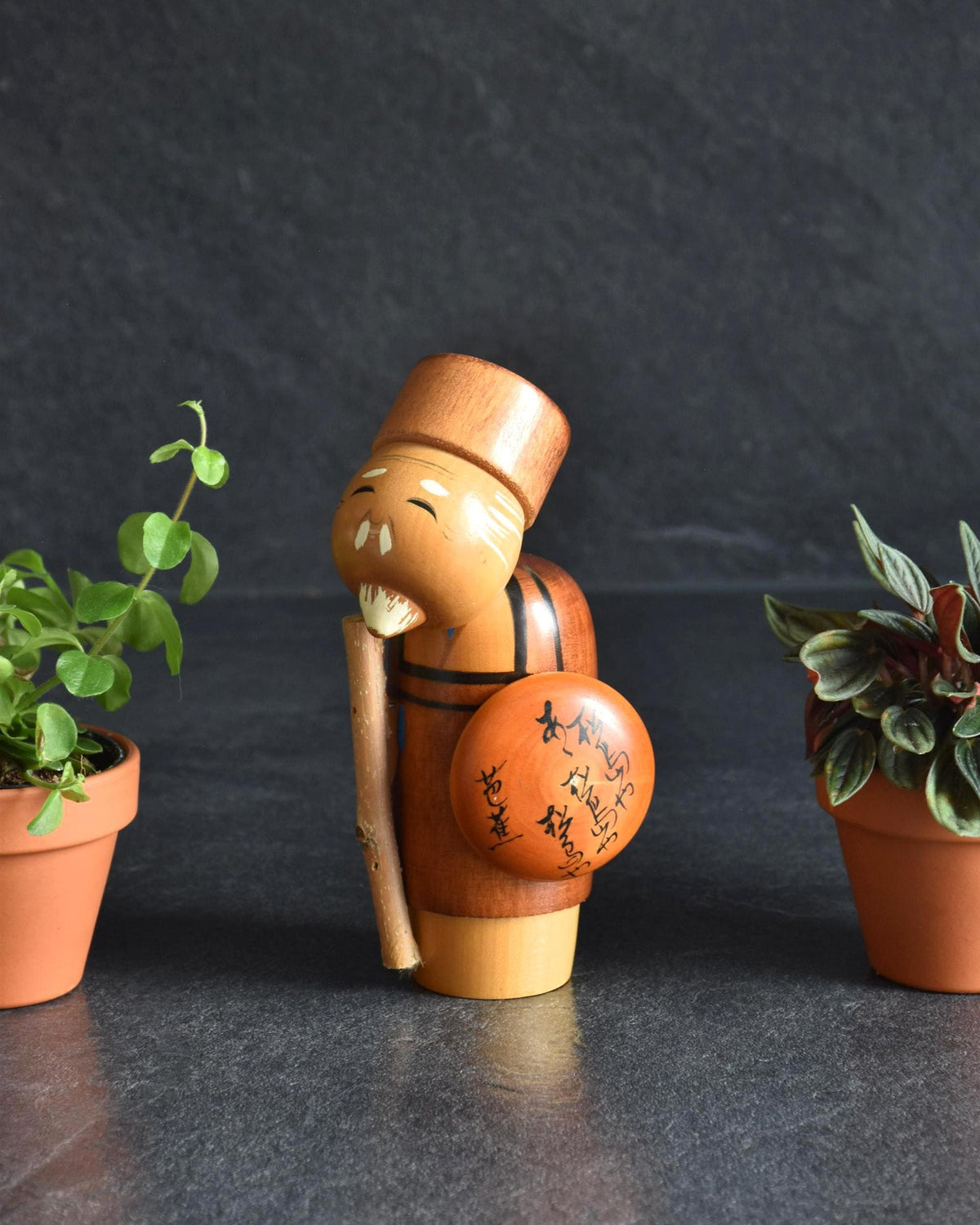 Hajime Miyashita Creative Kokeshi Matsuo Basho doll depicting an elderly wanderer with a walking stick