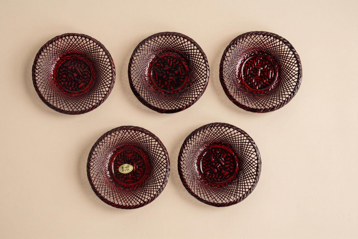 Floral Etched Glass And Rantai Shikki Bamboo Tea Set showing five woven rantai shikki coasters