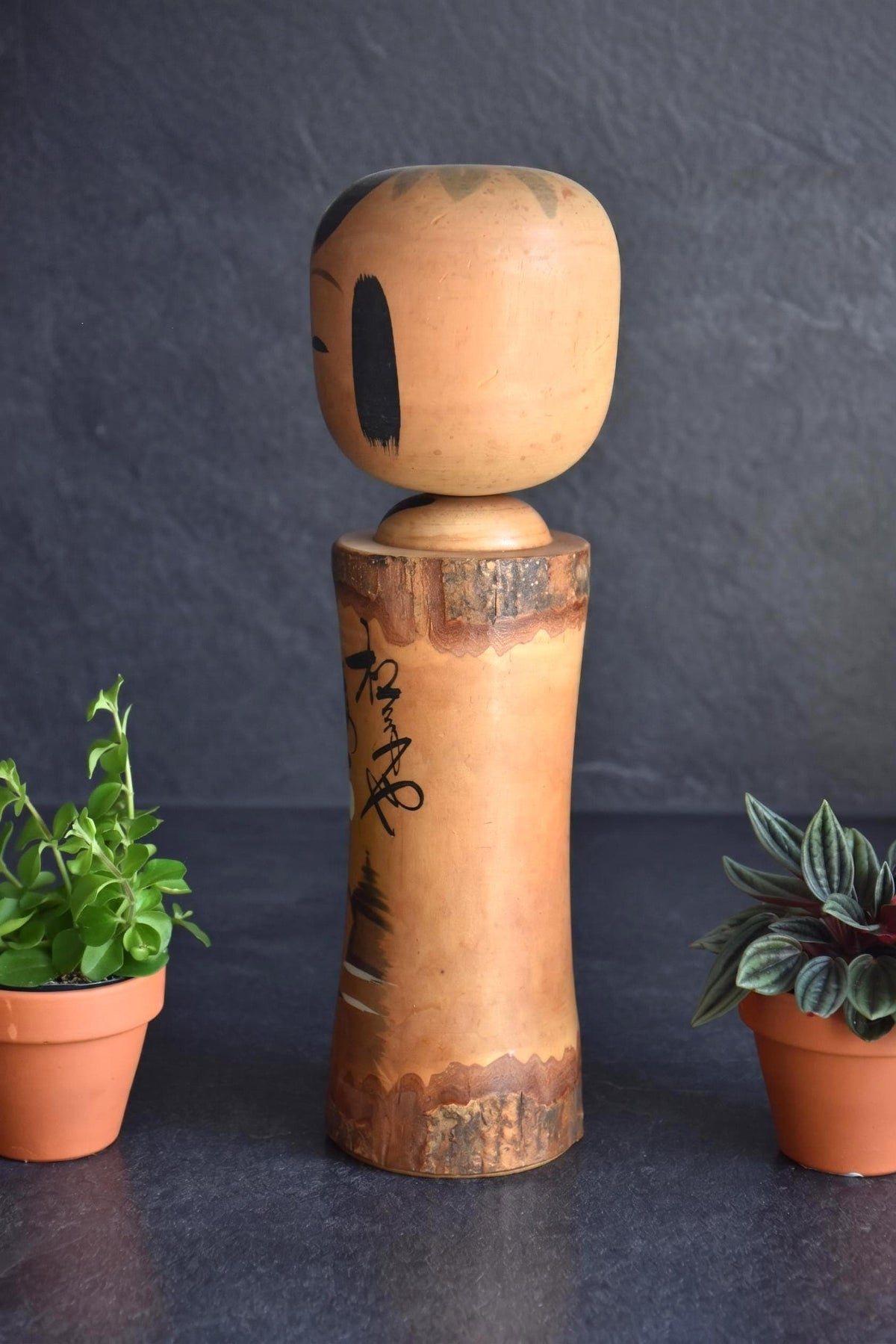 Large Wooden Kokeshi Doll Landscape Calligraphy side view showing painted calligraphy