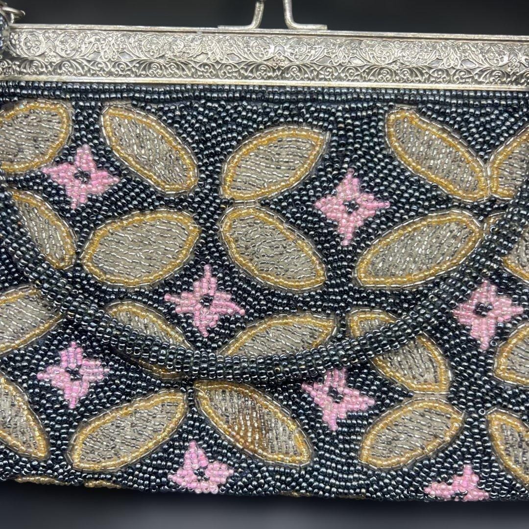 Japanese beaded handbag close-up of the front embroidery and textured handle strap