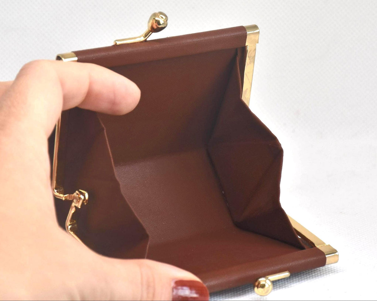 Yosegi Zaiku coin purse interior view showing brown lining and frame