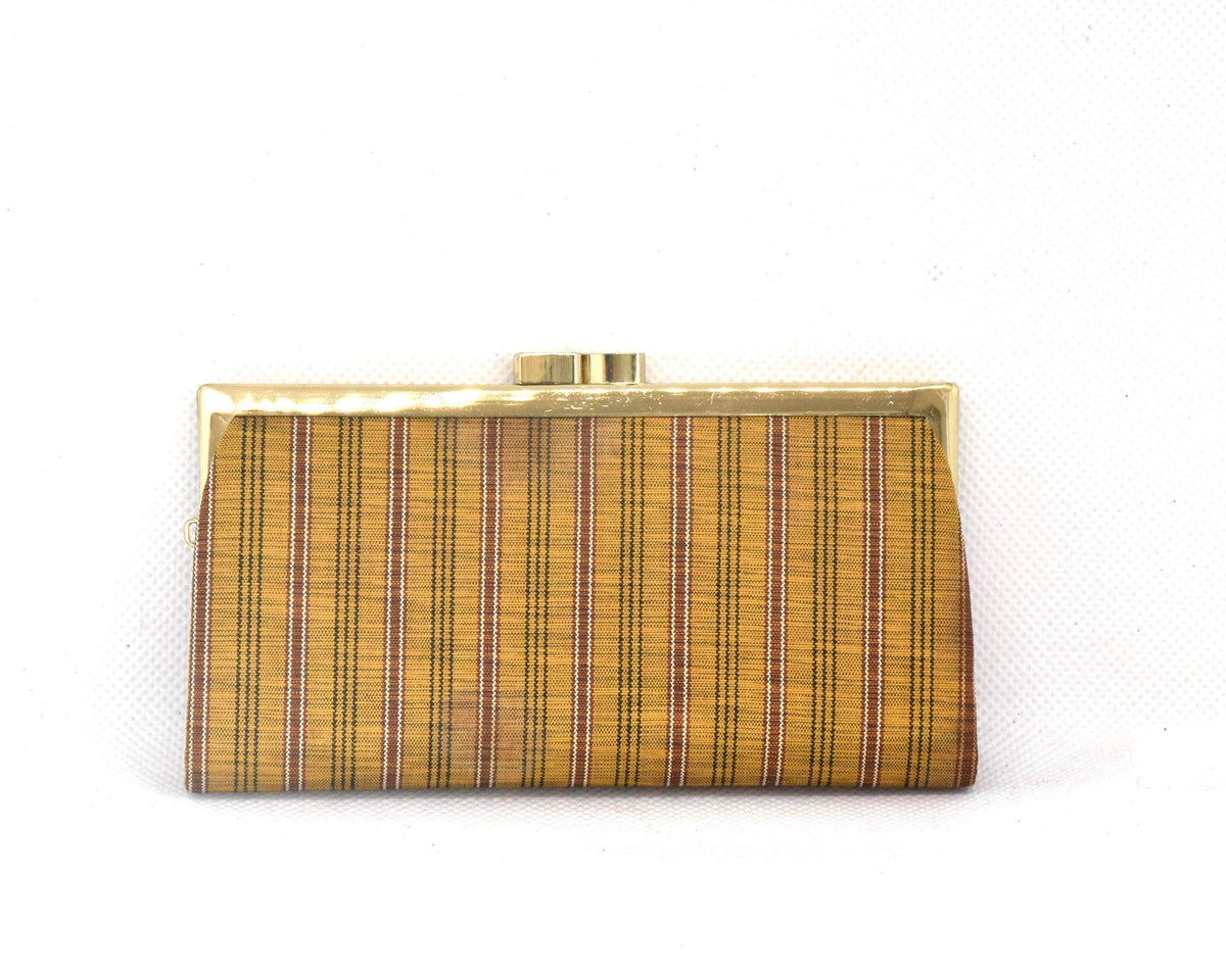 Kihachijo silk coin purse front view showing yellow, brown, and red striped plaid
