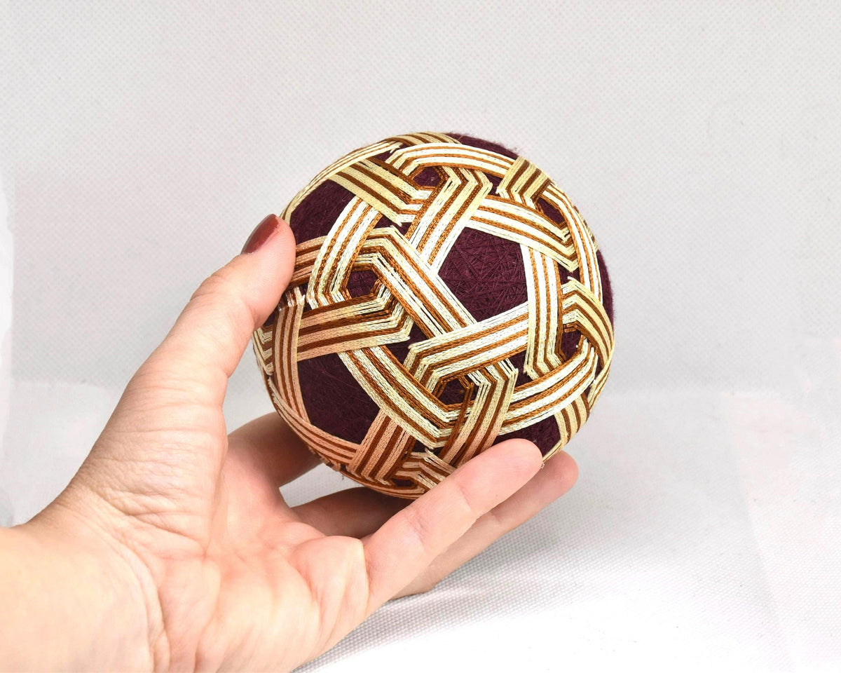 Hand-Embroidered Japanese Temari Ball Folk Art held in an open hand to show scale next to fingers