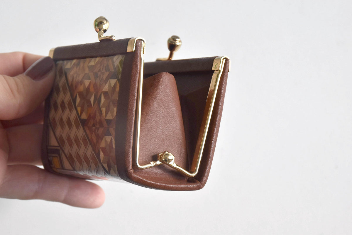 Yosegi Zaiku coin purse held open showing wide box style opening
