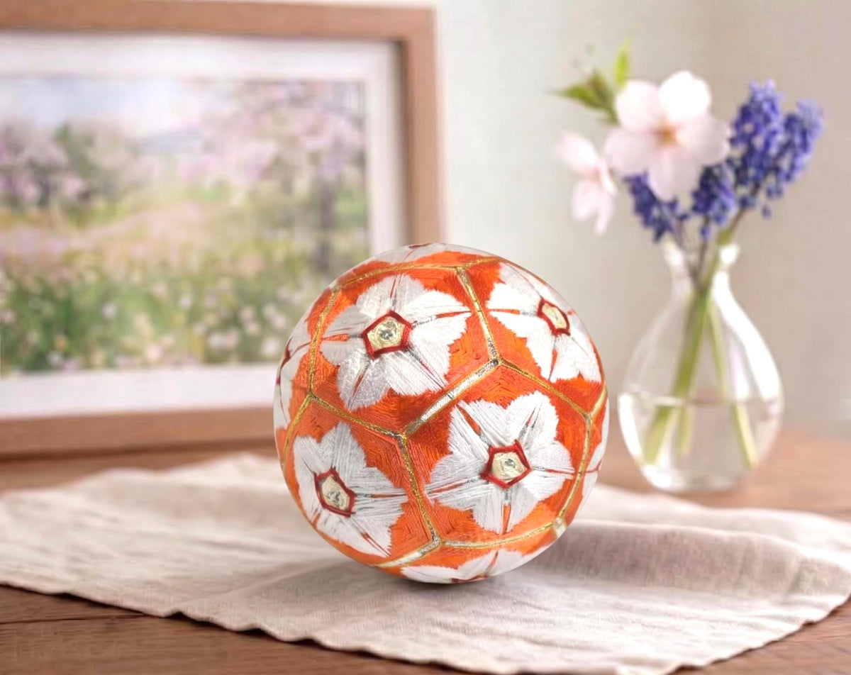 Hand-Embroidered Japanese Temari Ball Folk Art displayed as table scatters near a flower vase
